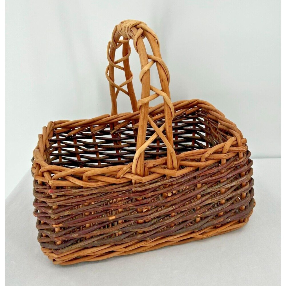 Rattan Woven Wicker Basket w Fixed Handle~ Rectangular Brown 13x8x14" ~ Easter